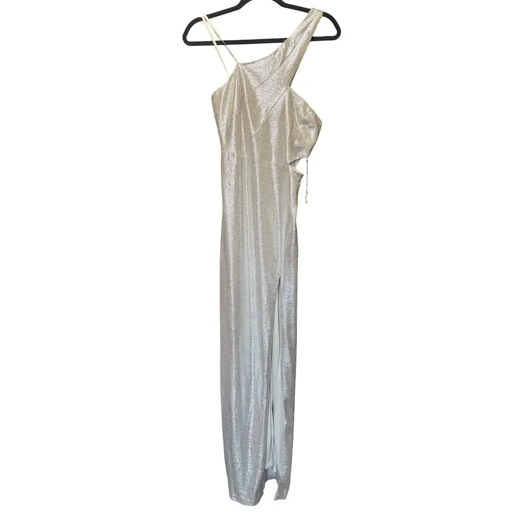 Aidan Mattox Metallic One Shoulder Gown Formal Slit Dress Size 8 NWT